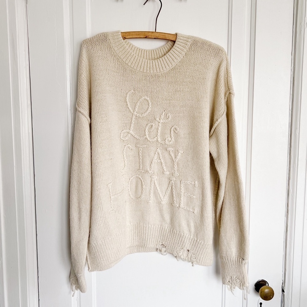 Wildfox Let’s Stay Home Distressed Sweater Pullover Beige Soft Cozy Oversized View 2
